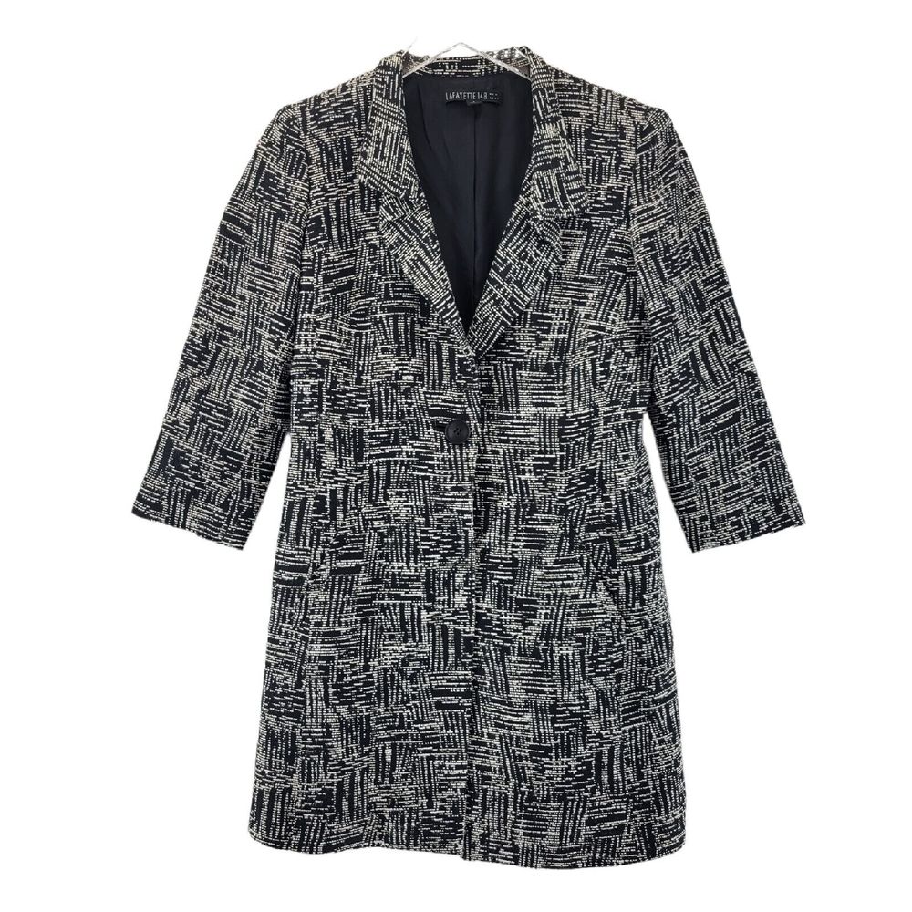 Lafayette 148 Long Blazer Jacket Black‎ Ivory Print Textured Womens Size 2 Linen